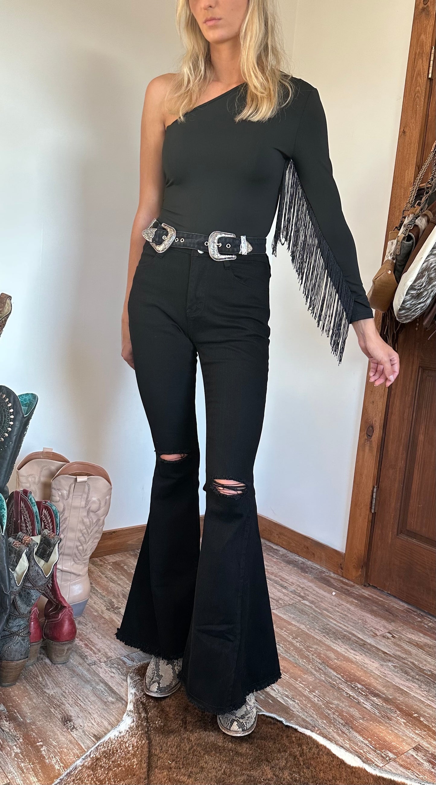 Black Fringe Sleeve Bodysuit