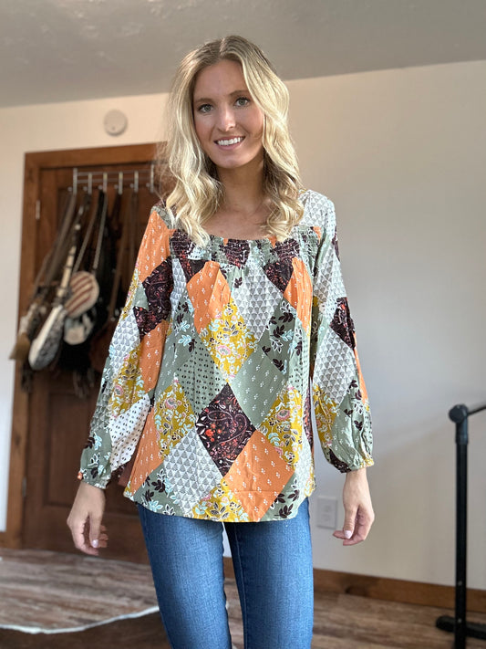 Square Neck Fall Print Blouse