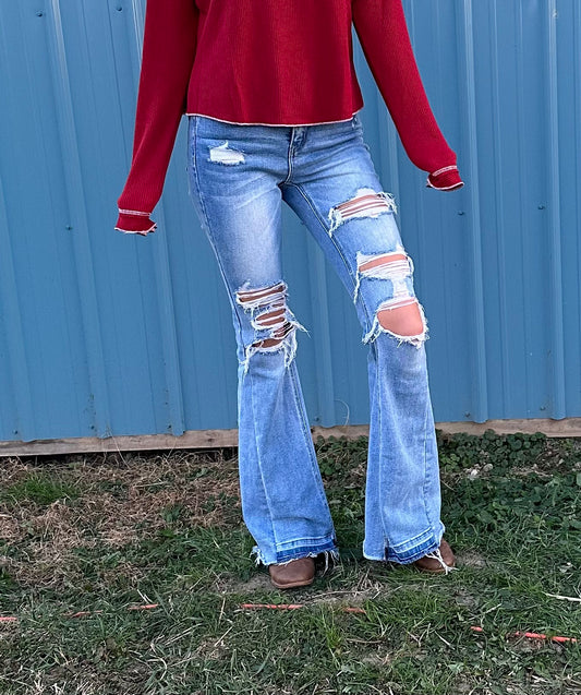 High Rise Distressed Flares