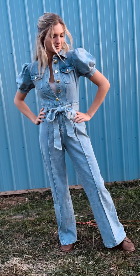 Denim Bow Belt Jumpsuit