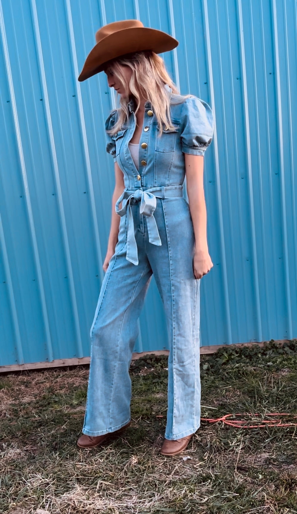 Denim Bow Belt Jumpsuit