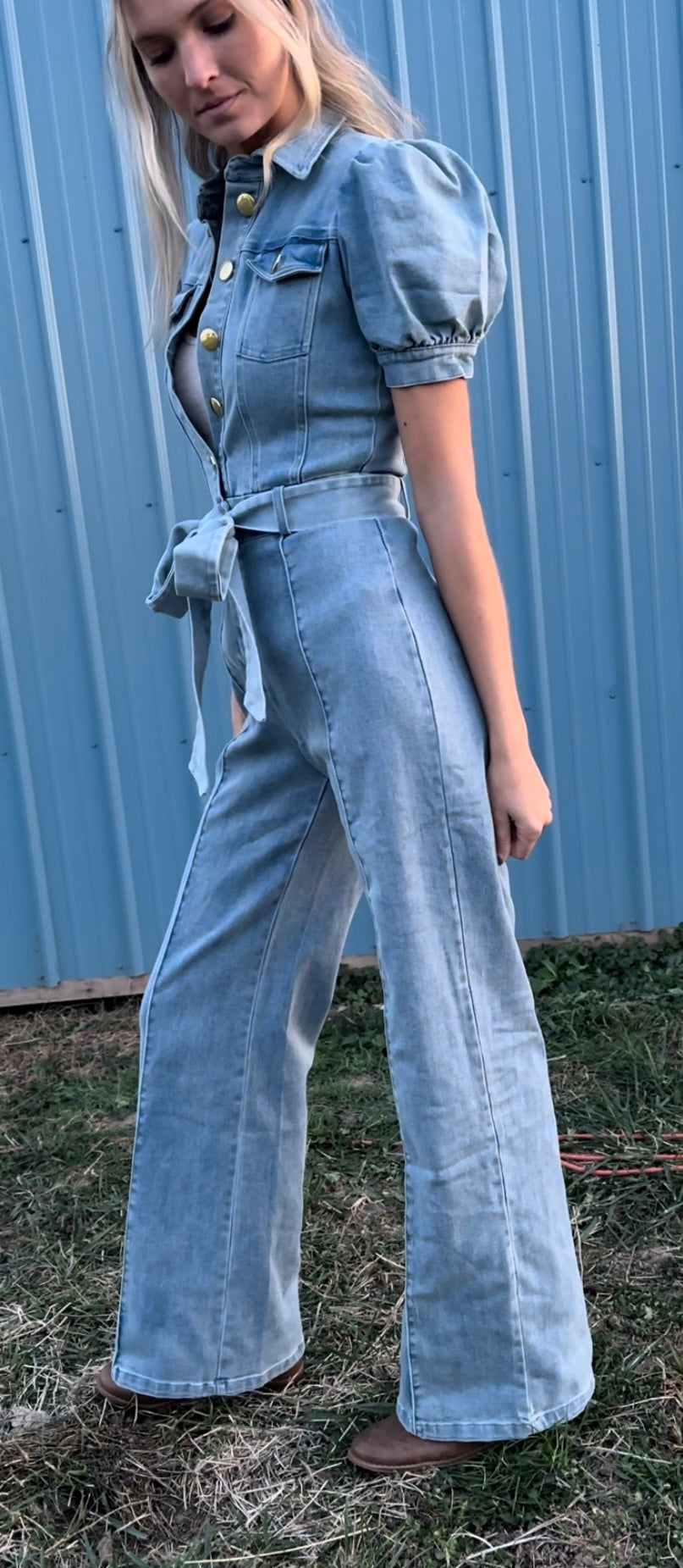 Denim Bow Belt Jumpsuit