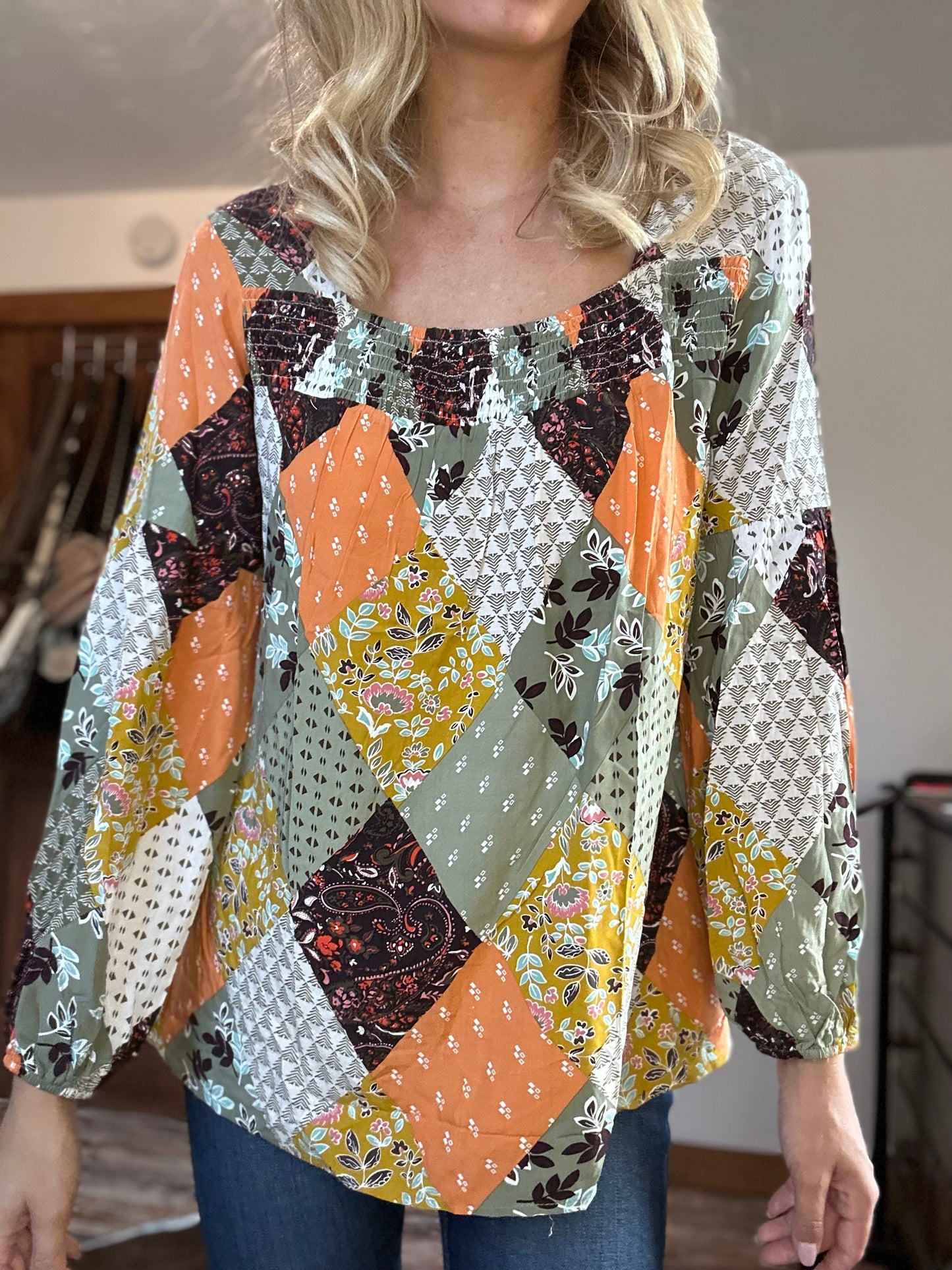 Square Neck Fall Print Blouse