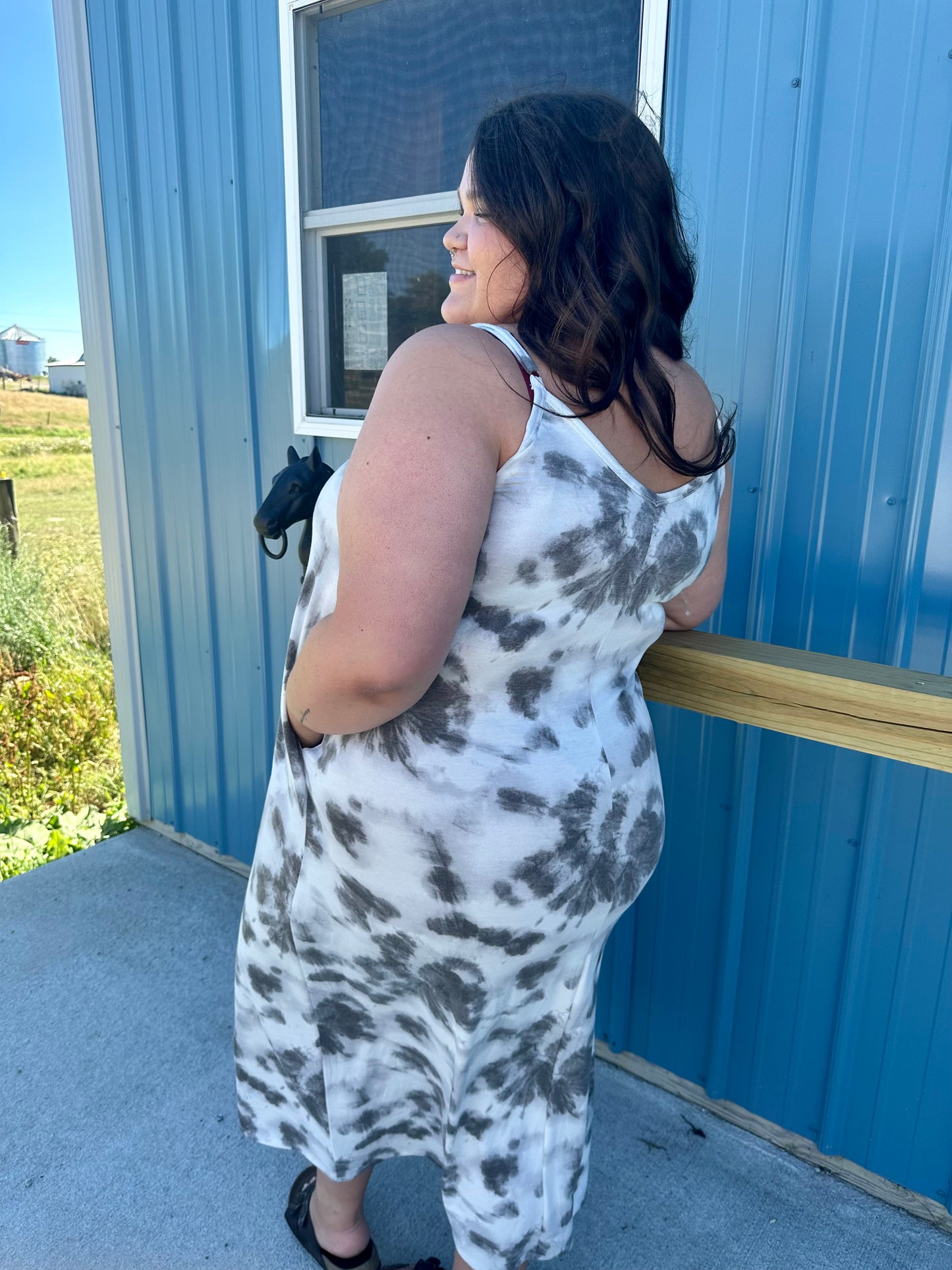 Grey and White Tie Dye Maxi Dress