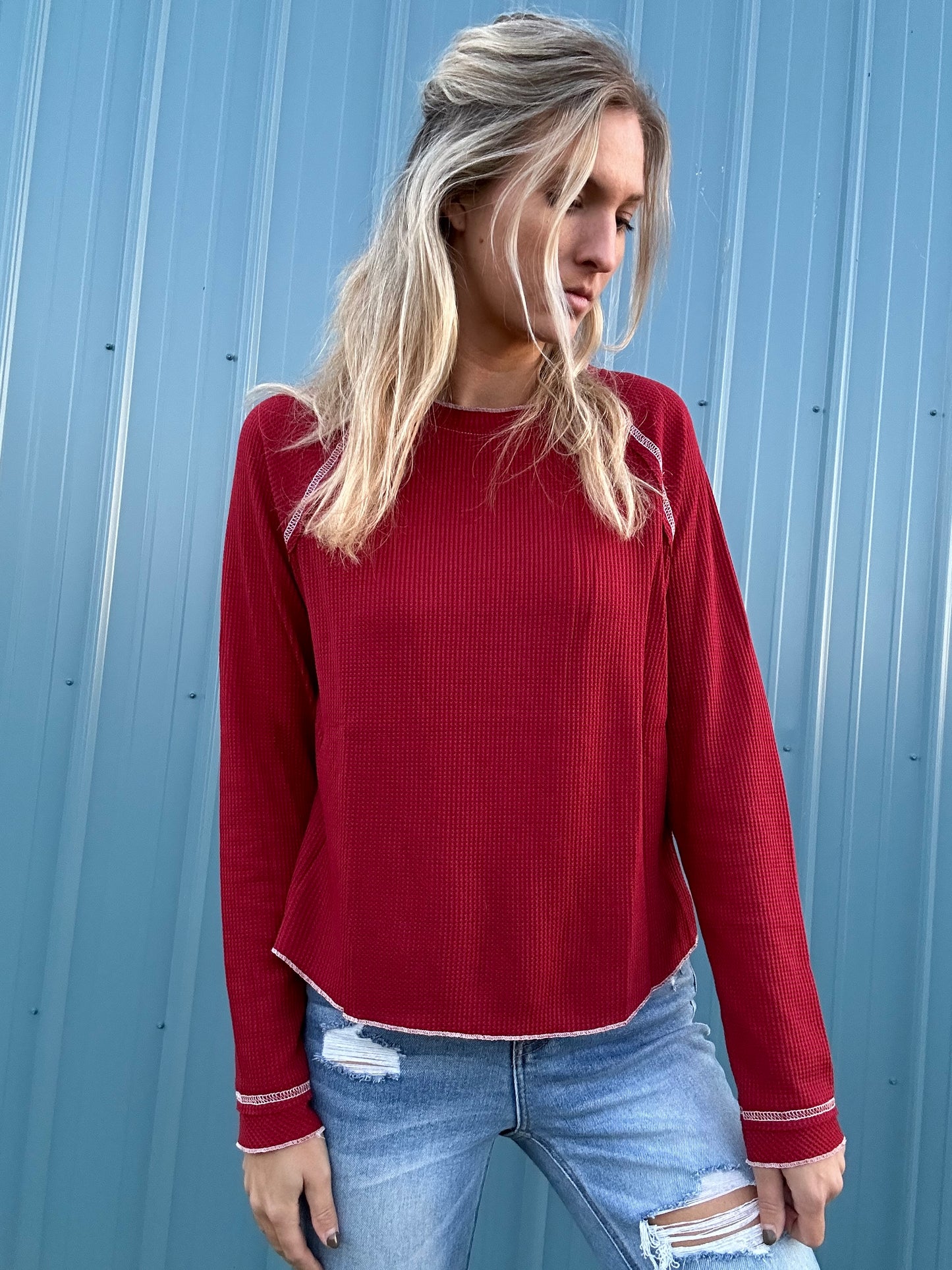 Red Waffle Knit Top