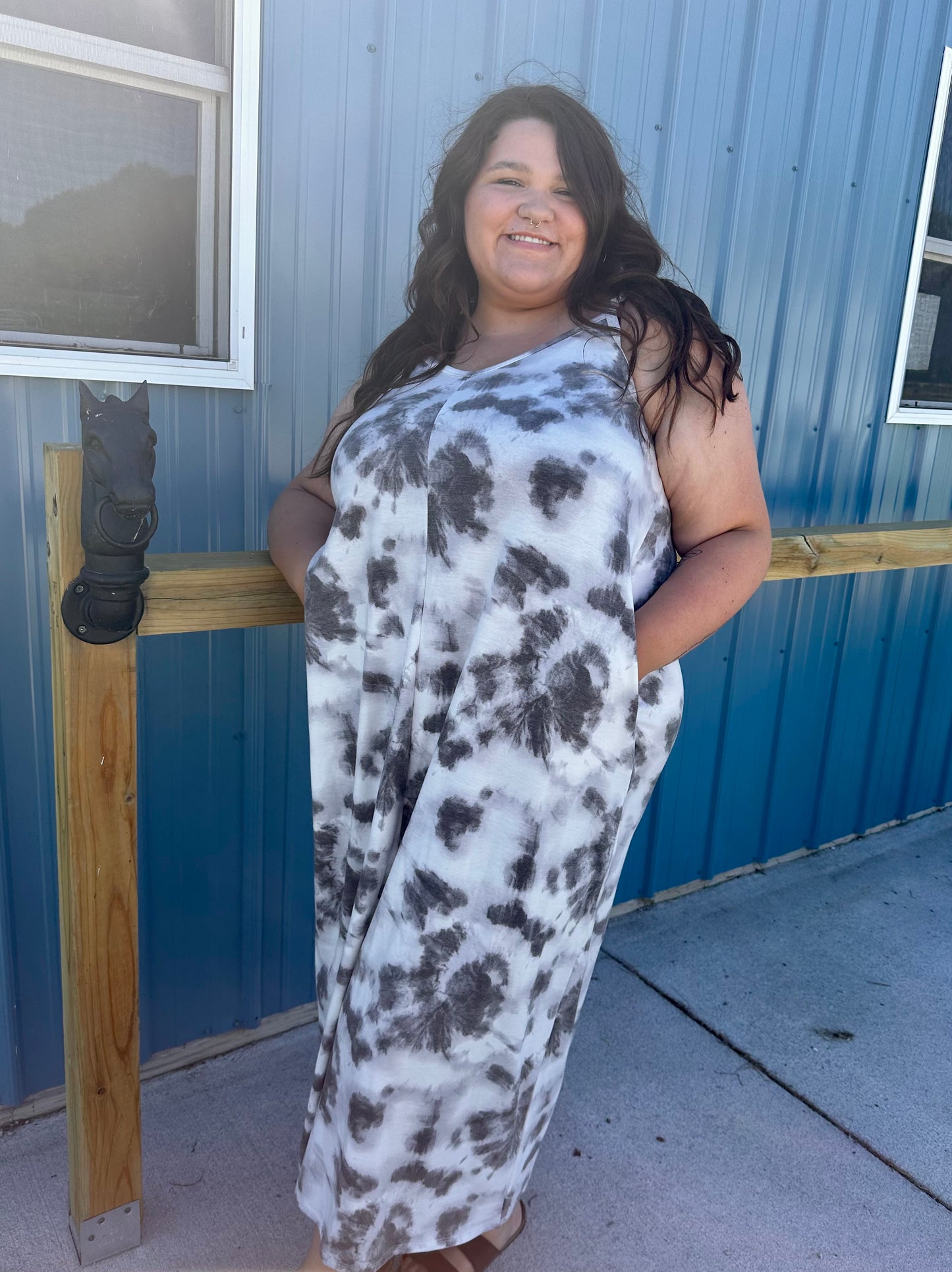 Grey and White Tie Dye Maxi Dress