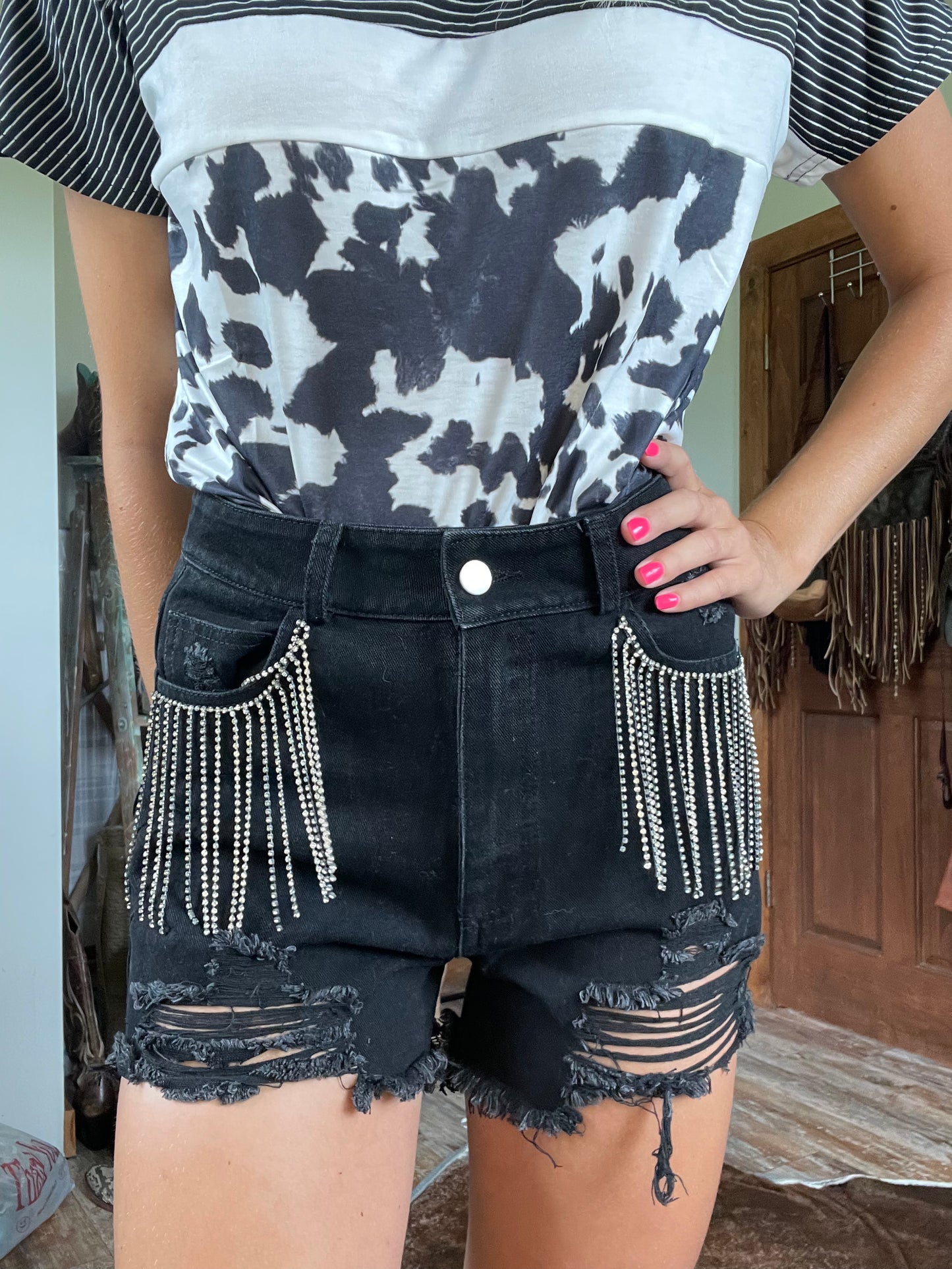 Black Frayed Rhinestone Shorts