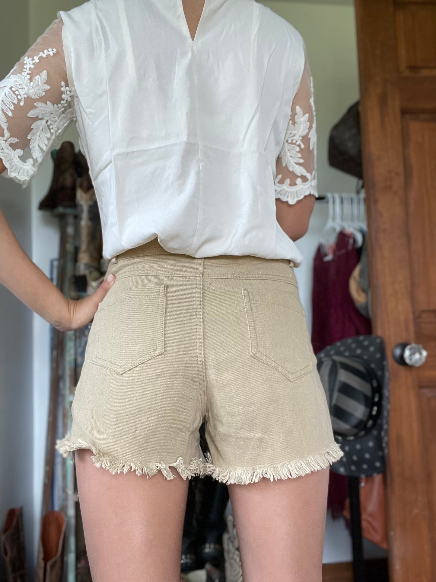 Taupe Frayed Rhinestone Shorts