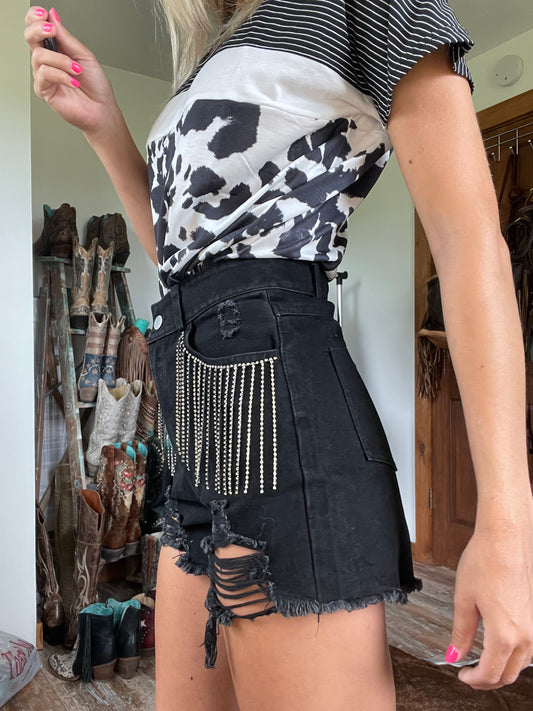 Black Frayed Rhinestone Shorts